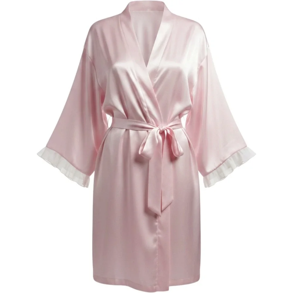 Apt 9 Intimates Pink Satin Ruffle Cuff Robe XL Sleepwear Loungewear Kimono Style
